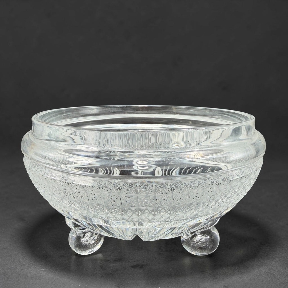 Signed Heavy Clear Crystal Footed Bowl Etched Starburst Pattern Vintage Decor